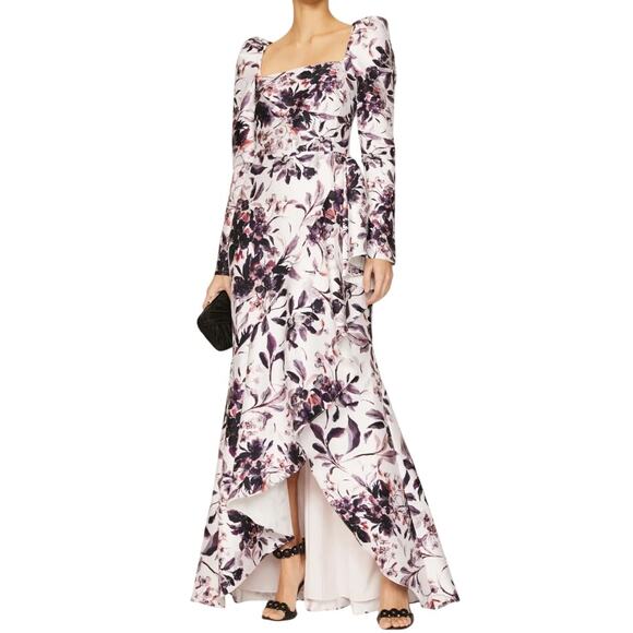 Badgley Mischka Floral Flounce Hem Jacquard Long Gown, Purple White Size 12 860$ - Picture 1 of 9